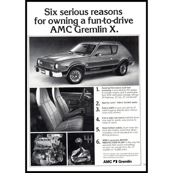 1978 AMC American Motors Gremlin X Vintage Print Ad Hatchback Wall Art Photo - Picture 1 of 1